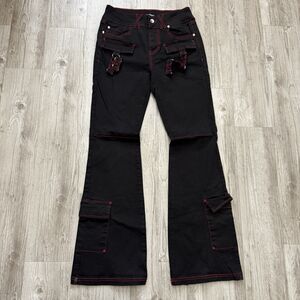 Hot Topic Social Collision Black Red Contrast Stitch Cargo Flare Goth Punk Pants